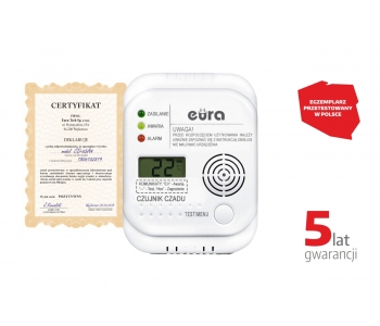  Czujnik czadu ''Eura'' CD-65A4 - 5 lat gwarancji, DC 4,5V, wyświetlacz LCD, termometr