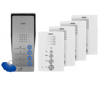 DOMOFON ''EURA'' ADP-64A3 - biały, czterorodzinny, głośnomówiący, obsługa 2 wejść, czytnik RFID